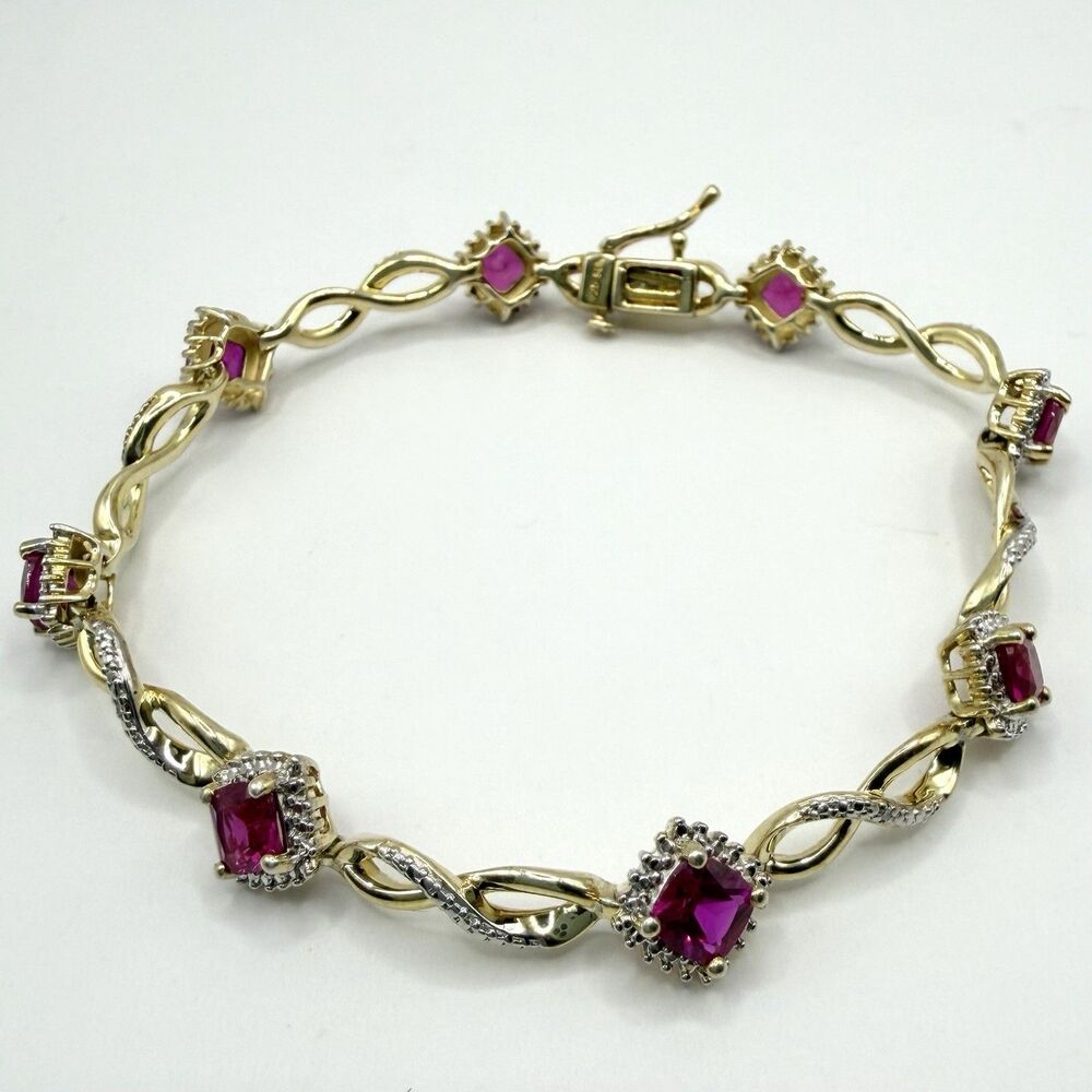 SUN 925 Sterling Silver Vermeil Simulated Ruby Infinity Bracelet 8" 12.8g